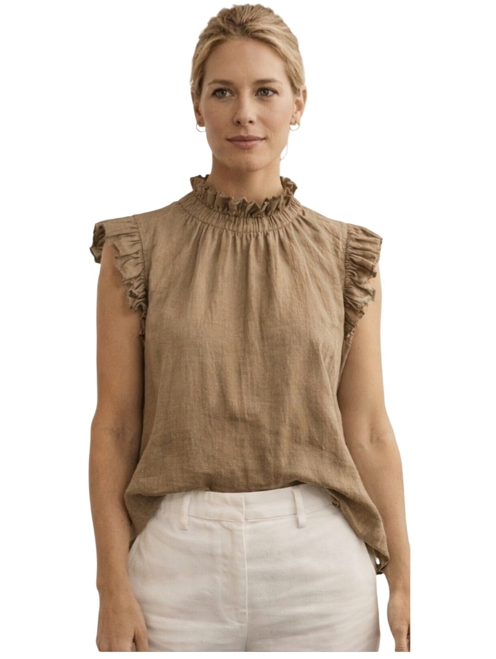 Sea New York Brown 100% Cotton Blouse Size 6 Ruffle Sleeve High Neck Top